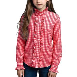 Noomelfish Girls Ruffle Button Down Uniform Dress Shirts Kids Plaid Western Long Sleeve Blouse Tops (5-14 Years)(Red Gingham)