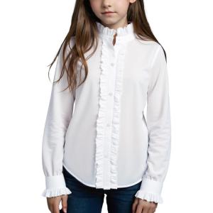 Noomelfish Girls Ruffle Button Down Uniform Dress Shirts Kids Plaid Western Long Sleeve Blouse Tops (5-14 Years)(White)