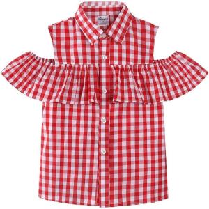Noomelfish Girls Ruffle Cold Shoulder Top Blouse Short Sleeve Button Down Shirts (4-12 Years)(Large Red Gingham)