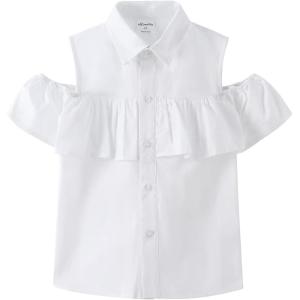 Noomelfish Girls Ruffle Cold Shoulder Top Blouse Short Sleeve Button Down Shirts (4-12 Years)(White)