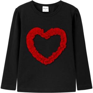Noomelfish Girls Ruffle Heart T-Shirts Cute Long Sleeve Tee Tops (4-12 Years)(Black)