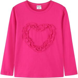 Noomelfish Girls Ruffle Heart T-Shirts Cute Long Sleeve Tee Tops (4-12 Years)(Hot Pink)