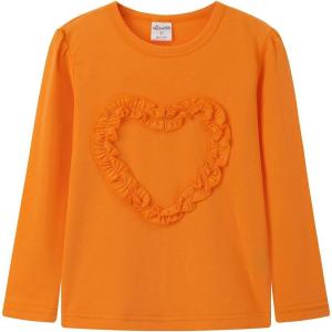 Noomelfish Girls Ruffle Heart T-Shirts Cute Long Sleeve Tee Tops (4-12 Years)(Orange)