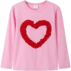Noomelfish Girls Ruffle Heart T-Shirts Cute Long Sleeve Tee Tops (4-12 Years)(Pink)