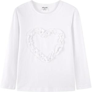 Noomelfish Girls Ruffle Heart T-Shirts Cute Long Sleeve Tee Tops (4-12 Years)(Solid White)