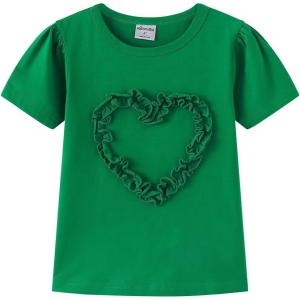 Noomelfish Girls Ruffle Heart T-Shirts Cute Short Sleeve Tee Tops (3-12 Years)(Green-solid)