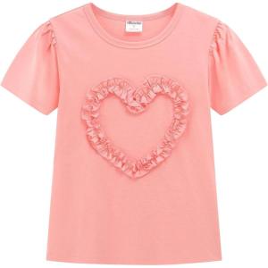 Noomelfish Girls Ruffle Heart T-Shirts Cute Short Sleeve Tee Tops (3-12 Years)(Pink)