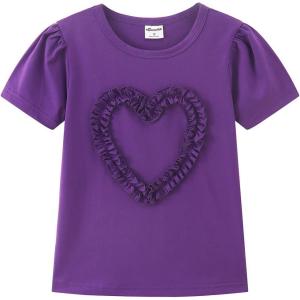 Noomelfish Girls Ruffle Heart T-Shirts Cute Short Sleeve Tee Tops (3-12 Years)(Purple)