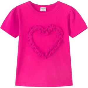 Noomelfish Girls Ruffle Heart T-Shirts Cute Short Sleeve Tee Tops (3-12 Years)(Rose)