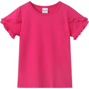 Noomelfish Girls Ruffle Short Sleeve T-Shirts Summer Casual Tee Tops Blouse (5-12 Years)(Hot Pink)