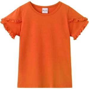Noomelfish Girls Ruffle Short Sleeve T-Shirts Summer Casual Tee Tops Blouse (5-12 Years)(Orange)