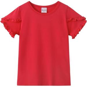 Noomelfish Girls Ruffle Short Sleeve T-Shirts Summer Casual Tee Tops Blouse (5-12 Years)(Red)