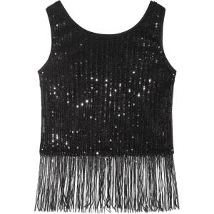 Noomelfish Girls Sequin Fringe Crop Tops Tassel Sparkly Glitter Dance Sleeveless Tank Shirt (5-12 Years)(Black)
