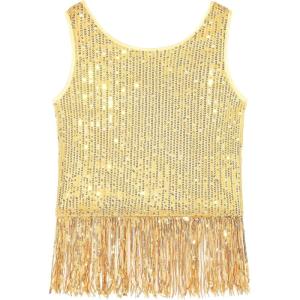 Noomelfish Girls Sequin Fringe Crop Tops Tassel Sparkly Glitter Dance Sleeveless Tank Shirt (5-12 Years)(Gold Yellow)
