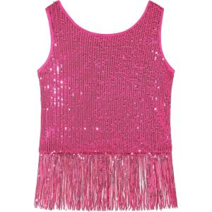 Noomelfish Girls Sequin Fringe Crop Tops Tassel Sparkly Glitter Dance Sleeveless Tank Shirt (5-12 Years)(Hot Pink)