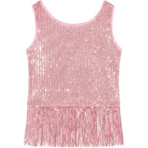 Noomelfish Girls Sequin Fringe Crop Tops Tassel Sparkly Glitter Dance Sleeveless Tank Shirt (5-12 Years)(Light Pink)