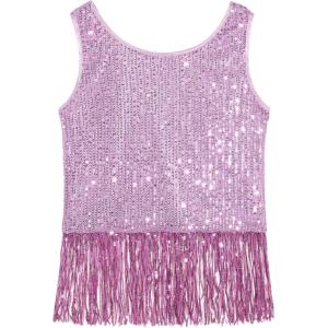 Noomelfish Girls Sequin Fringe Crop Tops Tassel Sparkly Glitter Dance Sleeveless Tank Shirt (5-12 Years)(Light Purple)