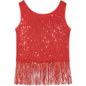 Noomelfish Girls Sequin Fringe Crop Tops Tassel Sparkly Glitter Dance Sleeveless Tank Shirt (5-12 Years)(Red)