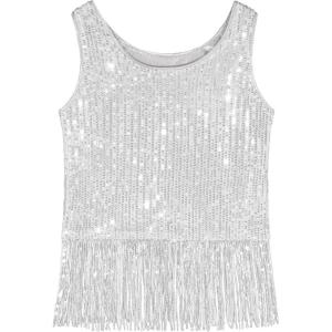 Noomelfish Girls Sequin Fringe Crop Tops Tassel Sparkly Glitter Dance Sleeveless Tank Shirt (5-12 Years)(Silver White)