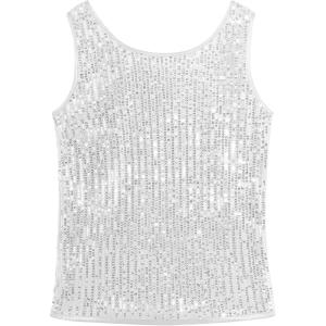 Noomelfish Girls Sequin Tank Tops Sparkly Glitter Dance Sleeveless Shirt (5-12 Years)(Silver White)