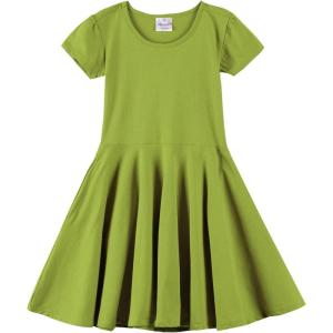 Noomelfish Girls Short Puff Sleeve Dress Summer Casual Knit Swing Twirl Skater Dresses with Pockets (2-12 Years)(Avocado Green)