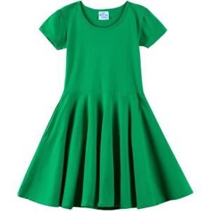 Noomelfish Girls Short Puff Sleeve Dress Summer Casual Knit Swing Twirl Skater Dresses with Pockets (2-12 Years)(Green)
