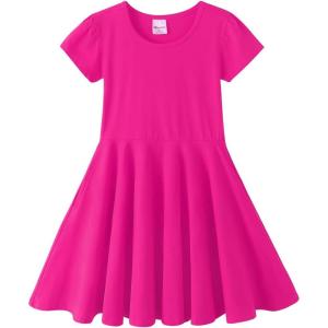 Noomelfish Girls Short Puff Sleeve Dress Summer Casual Knit Swing Twirl Skater Dresses with Pockets (2-12 Years)(Hot Pink)