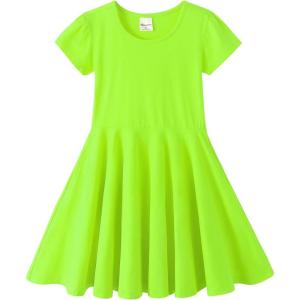 Noomelfish Girls Short Puff Sleeve Dress Summer Casual Knit Swing Twirl Skater Dresses with Pockets (2-12 Years)(Neon Green)