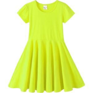 Noomelfish Girls Short Puff Sleeve Dress Summer Casual Knit Swing Twirl Skater Dresses with Pockets (2-12 Years)(Neon Yellow)
