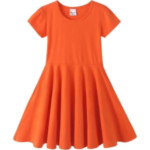 Noomelfish Girls Short Puff Sleeve Dress Summer Casual Knit Swing Twirl Skater Dresses with Pockets (2-12 Years)(Orange)