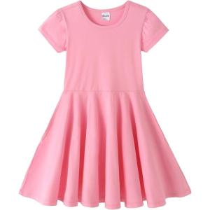 Noomelfish Girls Short Puff Sleeve Dress Summer Casual Knit Swing Twirl Skater Dresses with Pockets (2-12 Years)(Pink)