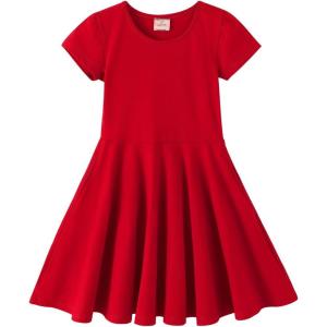 Noomelfish Girls Short Puff Sleeve Dress Summer Casual Knit Swing Twirl Skater Dresses with Pockets (2-12 Years)(Red)