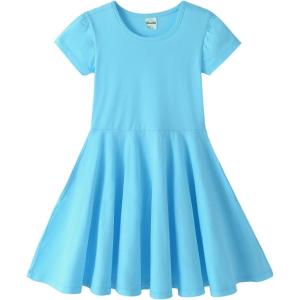 Noomelfish Girls Short Puff Sleeve Dress Summer Casual Knit Swing Twirl Skater Dresses with Pockets (2-12 Years)(Turquoise)