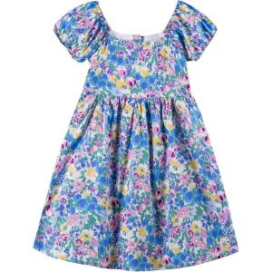Noomelfish Girls Short Sleeve Floral Dress Casual Flower Printed Smocked Dresses (2-12 Years)(Blue/Yellow)