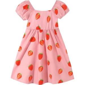 Noomelfish Girls Short Sleeve Floral Dress Casual Flower Printed Smocked Dresses (2-12 Years)(Pink Strawberry)