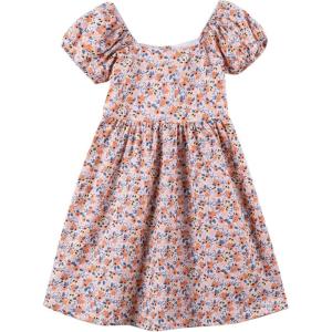 Noomelfish Girls Short Sleeve Floral Dress Casual Flower Printed Smocked Dresses (2-12 Years)(Small Orange)
