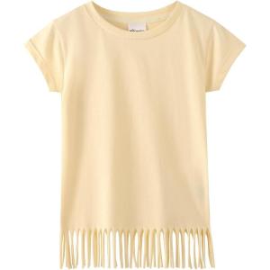 Noomelfish Girls Short Sleeve Fringe T-Shirts Soft Jersey Cotton Tee Tops (3-12 Years)(Beige)