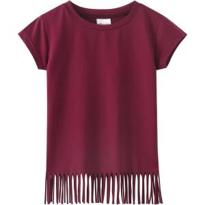 Noomelfish Girls Short Sleeve Fringe T-Shirts Soft Jersey Cotton Tee Tops (3-12 Years)(Burgundy)
