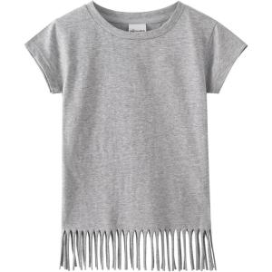 Noomelfish Girls Short Sleeve Fringe T-Shirts Soft Jersey Cotton Tee Tops (3-12 Years)(Heather Grey)