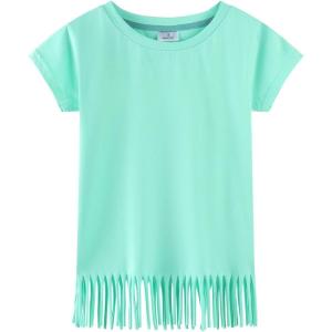 Noomelfish Girls Short Sleeve Fringe T-Shirts Soft Jersey Cotton Tee Tops (3-12 Years)(Light Green)