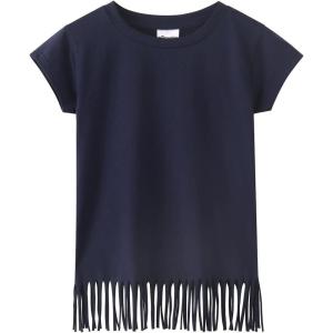 Noomelfish Girls Short Sleeve Fringe T-Shirts Soft Jersey Cotton Tee Tops (3-12 Years)(Navy Blue)