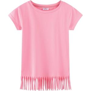 Noomelfish Girls Short Sleeve Fringe T-Shirts Soft Jersey Cotton Tee Tops (3-12 Years)(Pink)