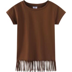 Noomelfish Girls Short Sleeve Fringe T-Shirts Soft Jersey Cotton Tee Tops (3-12 Years)(Rust Brown)