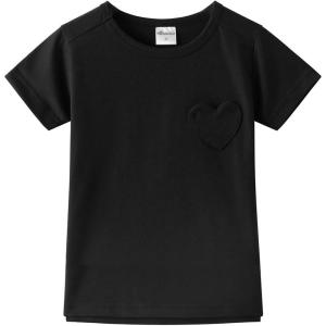 Noomelfish Girls Short Sleeve Heart Pocket T-Shirts Casual Cotton Tee Tops Blouse (5-12 Years)(Black)