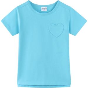 Noomelfish Girls Short Sleeve Heart Pocket T-Shirts Casual Cotton Tee Tops Blouse (5-12 Years)(Blue)