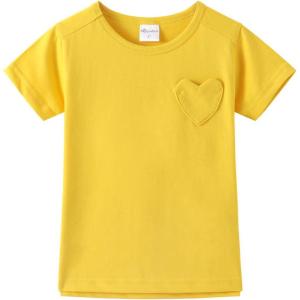 Noomelfish Girls Short Sleeve Heart Pocket T-Shirts Casual Cotton Tee Tops Blouse (5-12 Years)(Gold Yellow)