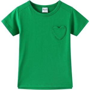 Noomelfish Girls Short Sleeve Heart Pocket T-Shirts Casual Cotton Tee Tops Blouse (5-12 Years)(Green)