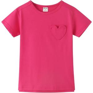 Noomelfish Girls Short Sleeve Heart Pocket T-Shirts Casual Cotton Tee Tops Blouse (5-12 Years)(Hot Pink)