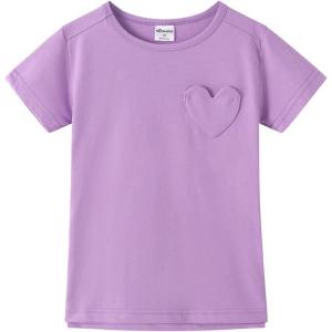 Noomelfish Girls Short Sleeve Heart Pocket T-Shirts Casual Cotton Tee Tops Blouse (5-12 Years)(Lilac Purple)