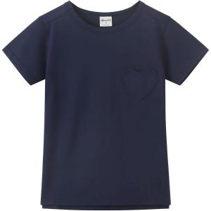 Noomelfish Girls Short Sleeve Heart Pocket T-Shirts Casual Cotton Tee Tops Blouse (5-12 Years)(Navy Blue)
